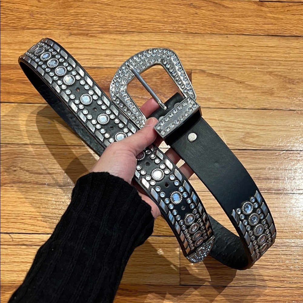 Crystal Rhinestone and Silver Metal Studded Black Statement Belt